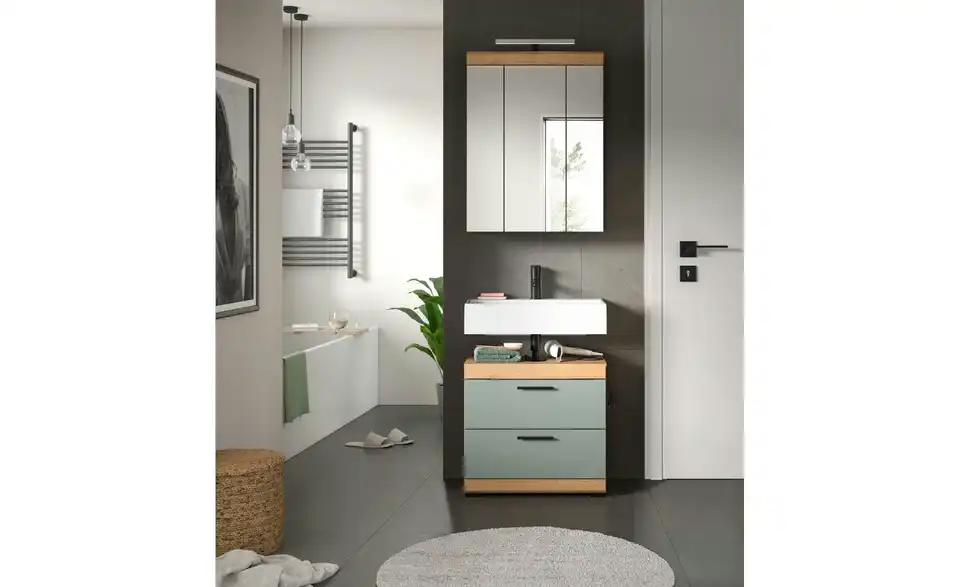 Badmöbel-Set SCHLOONSEE, 2 teilig, inklusive LED Beleuchtung, bestehend aus: Waschbeckenunterschrank, Spiegelschrank, LED Badaufsatzleuchte Schloonsee BHL 60|191|34 cm