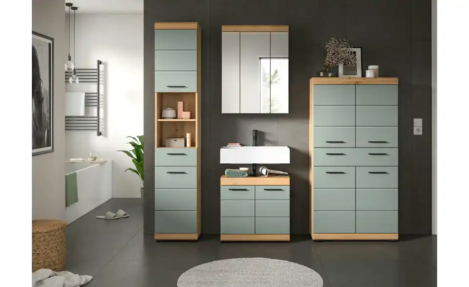 Badmöbel-Set SCHLOONSEE, 4 teilig, bestehend aus: Hochschrank, Waschbeckenunterschrank, Spiegelschrank, Midischrank Schloonsee BHL 186|191|34 cm