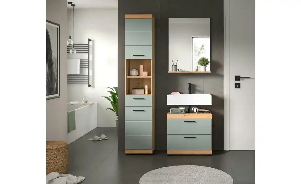 Badmöbel-Set SCHLOONSEE, 3 teilig, bestehend aus: Hochschrank, Waschbeckenunterschrank, Spiegel Schloonsee BHL 112|191|34 cm
