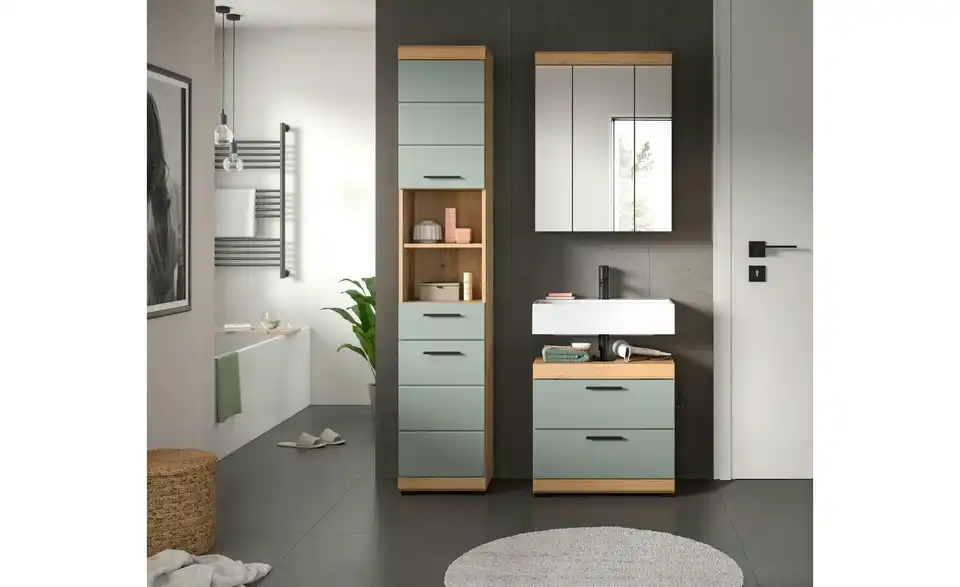 Badmöbel-Set SCHLOONSEE, 3 teilig, bestehend aus: Hochschrank, Waschbeckenunterschrank, Spiegelschrank, Hochschrank, Waschbeckenunterschrank, Spiegelschrank Schloonsee BHL 112|191|34 cm