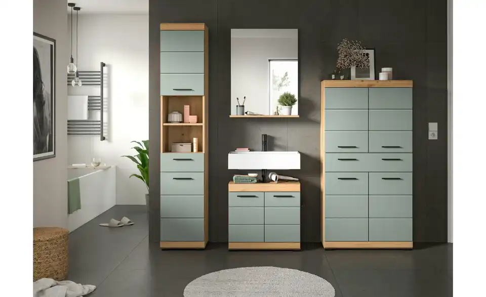 Badmöbel-Set SCHLOONSEE, 4 teilig, bestehend aus: Hochschrank, Waschbeckenunterschrank, Badspiegel, Midischrank Schloonsee BHL 186|191|34 cm