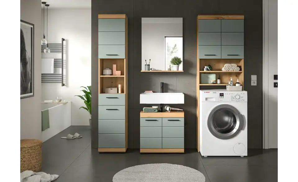 Badmöbel-Set SCHLOONSEE, 4 teilig, bestehend aus: Hochschrank, WBU, Badspiegel, Waschmaschinenumbauschrank Schloonsee BHL 190|191|34 cm