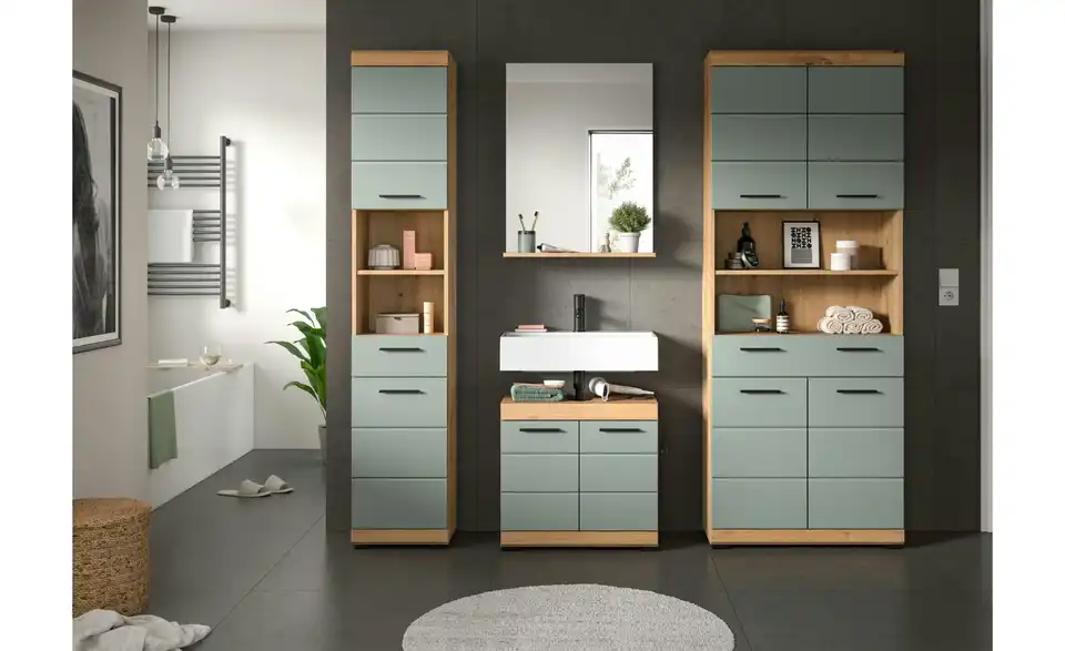 Badmöbel-Set SCHLOONSEE, 4 teilig, bestehend aus: Hochschrank, Waschbeckenunterschrank, Badspiegel, Hochschrank breit Schloonsee BHL 186|191|34 cm