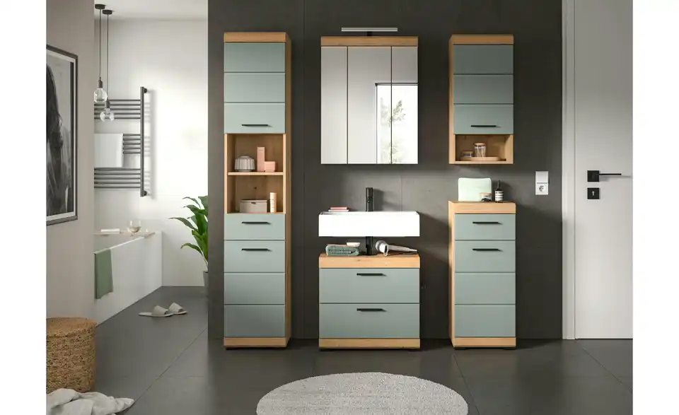 Badmöbel-Set SCHLOONSEE, 5 teilig, inklusive LED Beleuchtung, bestehend aus: Hochschrank, WBU, Spiegelschrank, Unterschrank, Hängeschrank Schloonsee BHL 164|191|34 cm