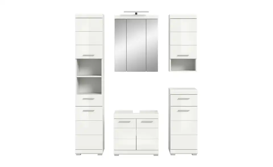 Badmöbel-Set SCHLOONSEE, 5 teilig, inklusive LED Beleuchtung, bestehend aus: Hochschrank, WBU, Spiegelschrank, Unterschrank, Hängeschrank Schloonsee BHL 164|191|164 cm