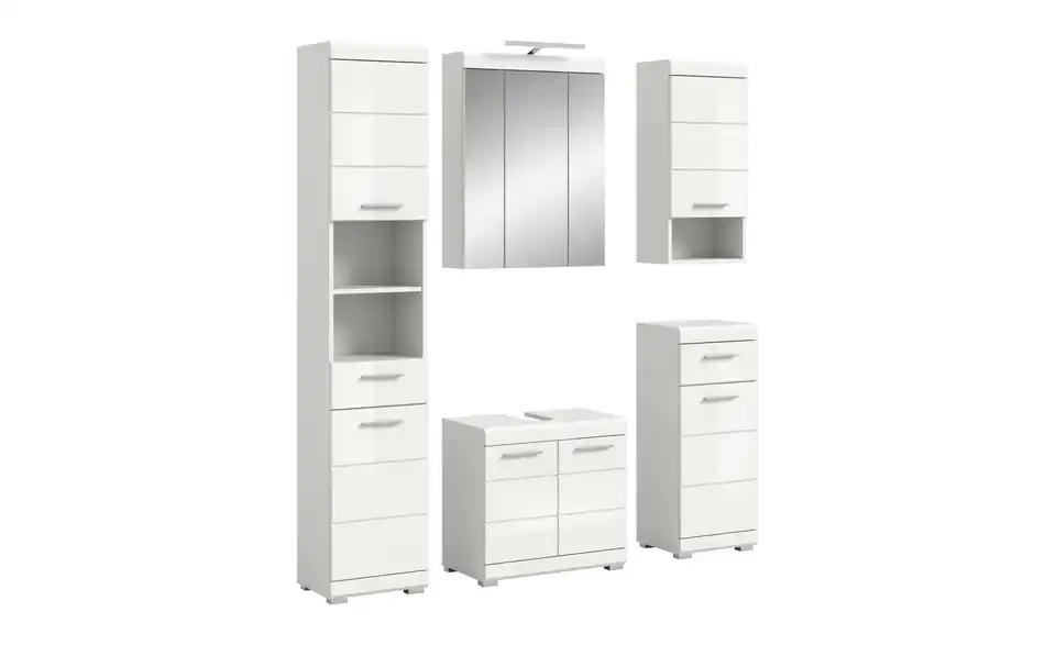 Badmöbel-Set SCHLOONSEE, 5 teilig, inklusive LED Beleuchtung, bestehend aus: Hochschrank, WBU, Spiegelschrank, Unterschrank, Hängeschrank Schloonsee BHL 164|191|164 cm