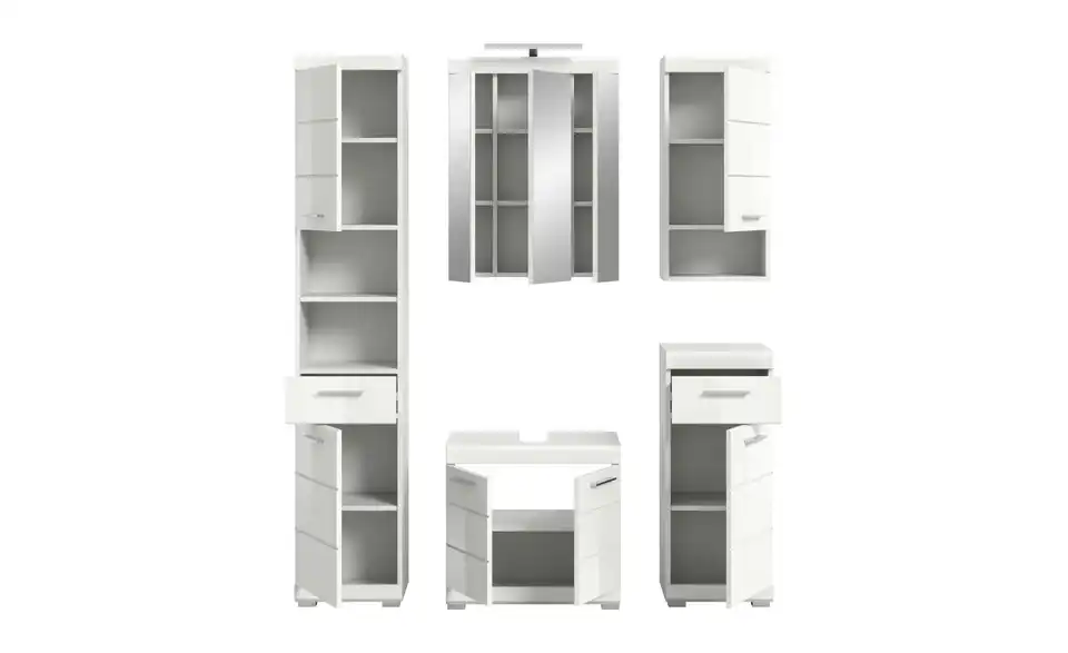 Badmöbel-Set SCHLOONSEE, 5 teilig, inklusive LED Beleuchtung, bestehend aus: Hochschrank, WBU, Spiegelschrank, Unterschrank, Hängeschrank Schloonsee BHL 164|191|164 cm