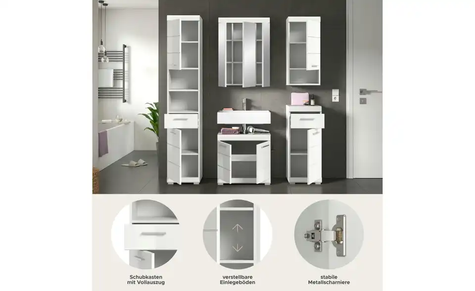 Badmöbel-Set SCHLOONSEE, 5 teilig, inklusive LED Beleuchtung, bestehend aus: Hochschrank, WBU, Spiegelschrank, Unterschrank, Hängeschrank Schloonsee BHL 164|191|164 cm