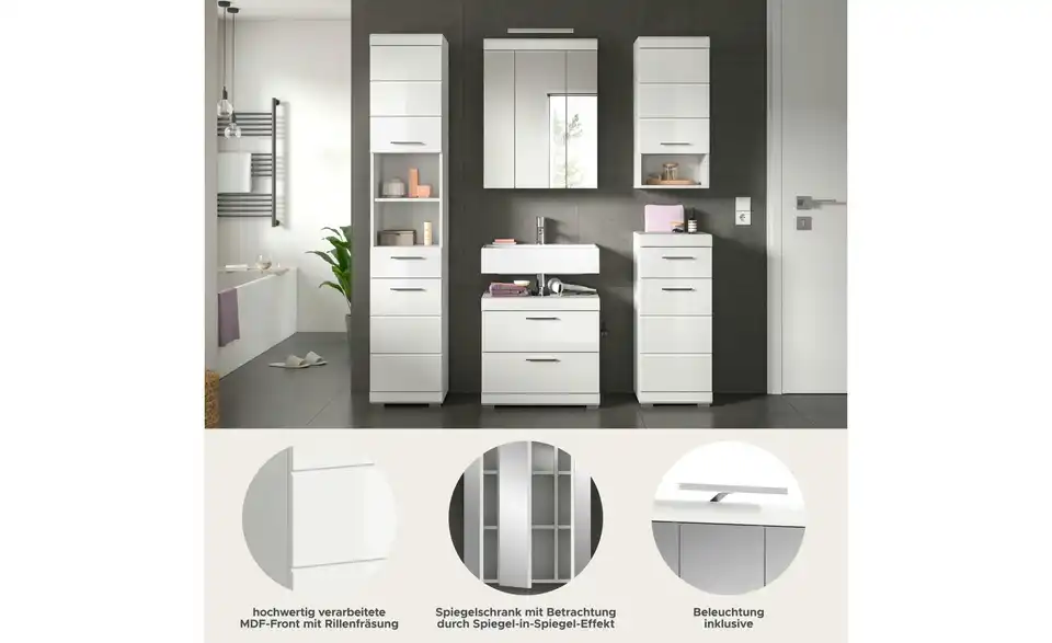 Badmöbel-Set SCHLOONSEE, 5 teilig, inklusive LED Beleuchtung, bestehend aus: Hochschrank, WBU, Spiegelschrank, Unterschrank, Hängeschrank Schloonsee BHL 164|191|164 cm