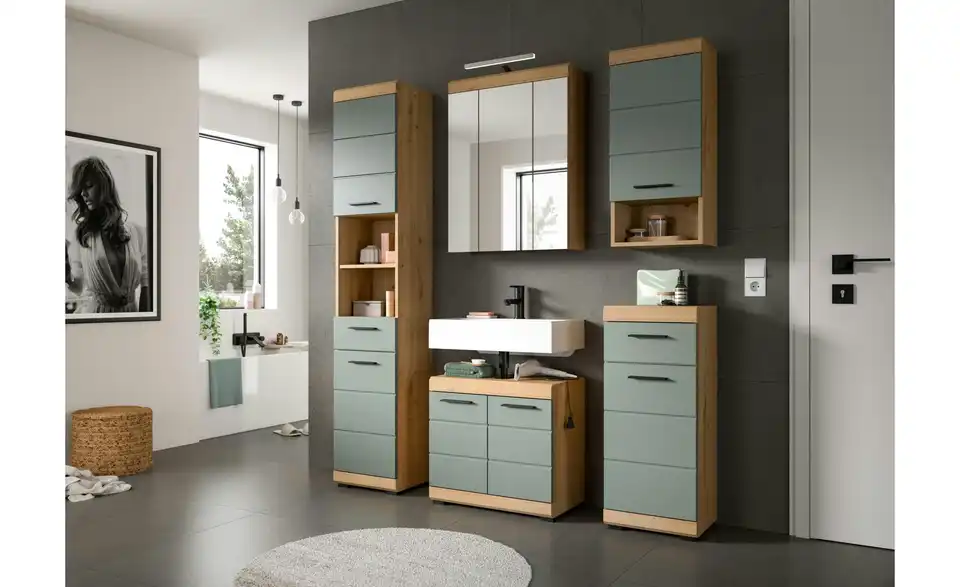 Badmöbel-Set SCHLOONSEE, 2 teilig, inklusive LED Beleuchtung, bestehend aus: Waschbeckenunterschrank, Spiegelschrank, LED Badaufsatzleuchte Schloonsee BHL 60|191|34 cm