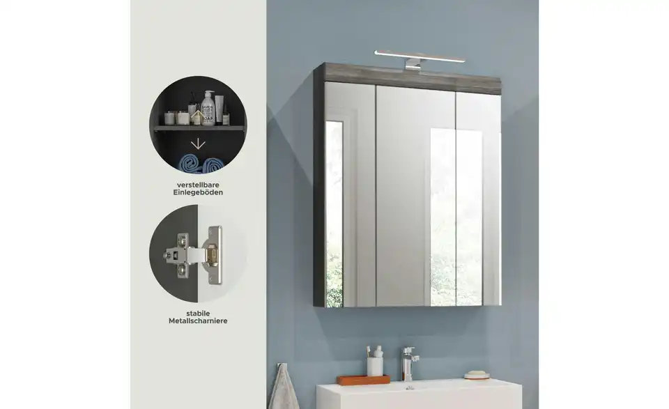 Spiegelschrank SCHLOONSEE, Breite 60cm, inkl. Beleuchtung, 3 Spiegeltüren, 9 Fächer in verschiedenen Farben erhältlich, Badmöbel, Spiegel, Badschrank, Bad Schloonsee BHL 60|79|18 cm