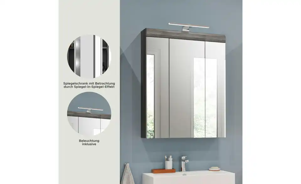 Spiegelschrank SCHLOONSEE, Breite 60cm, inkl. Beleuchtung, 3 Spiegeltüren, 9 Fächer in verschiedenen Farben erhältlich, Badmöbel, Spiegel, Badschrank, Bad Schloonsee BHL 60|79|18 cm