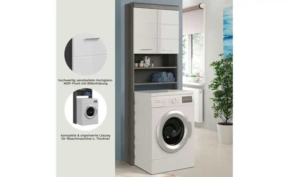 Waschmaschinenumbauschrank SCHLOONSEE, Breite 63cm, für Waschmaschine u0026 Trockner, 2 Türen, MDF-Front, in verschiedenen Farben, Überbauschrank, Umbauschrank, Badschrank Schloonsee BHL 63|191|24 cm