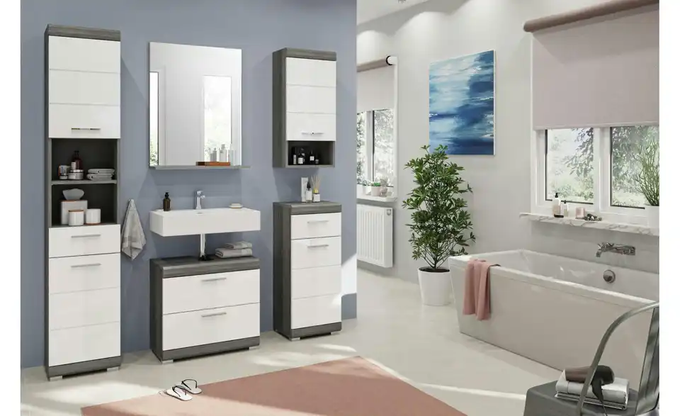 Waschbeckenunterschrank SCHLOONSEE, Breite 60cm, 2 Schubkästen, mit Siphonausschnitt, MDF-Front, in verschiedenen Farben erhältlich, Badmöbel, Badschrank, Kommode, Bad Schloonsee BHL 60|56|34 cm