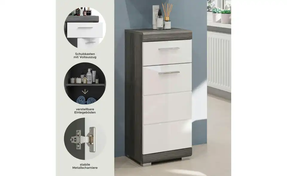 Unterschrank SCHLOONSEE, Breite 37cm, 1 Tür, 1 Schubkasten, 2 Fächer, MDF-Front in verschiedenen Farben erhältlich, Badmöbel, Badschrank, Kommode, Bad Schloonsee BHL 37|88|31 cm