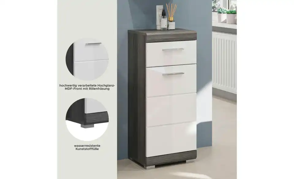 Unterschrank SCHLOONSEE, Breite 37cm, 1 Tür, 1 Schubkasten, 2 Fächer, MDF-Front in verschiedenen Farben erhältlich, Badmöbel, Badschrank, Kommode, Bad Schloonsee BHL 37|88|31 cm