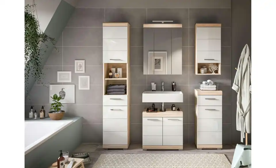 Hängeschrank SCHLOONSEE, Breite 37cm, 1 Tür, 1 offenes Fächer, 1 Einlegeboden, MDF-Front, in verschiedenen Farben erhältlich, Badmöbel, Badschrank, Schrank, Bad Schloonsee BHT 37|79|24 cm