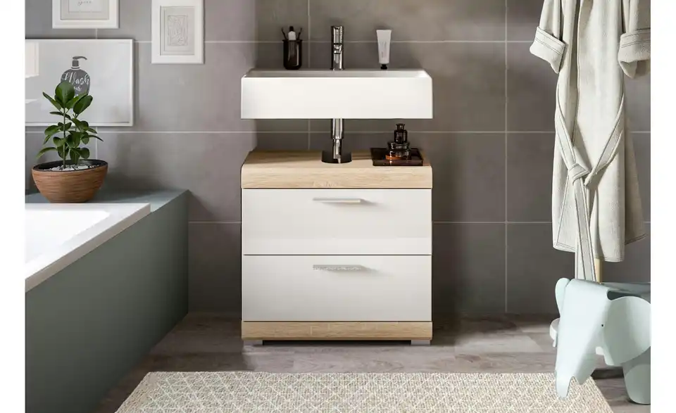 Waschbeckenunterschrank SCHLOONSEE, Breite 60cm, 2 Schubkästen, mit Siphonausschnitt, MDF-Front, in verschiedenen Farben erhältlich, Badmöbel, Badschrank, Kommode, Bad Schloonsee BHL 60|56|34 cm