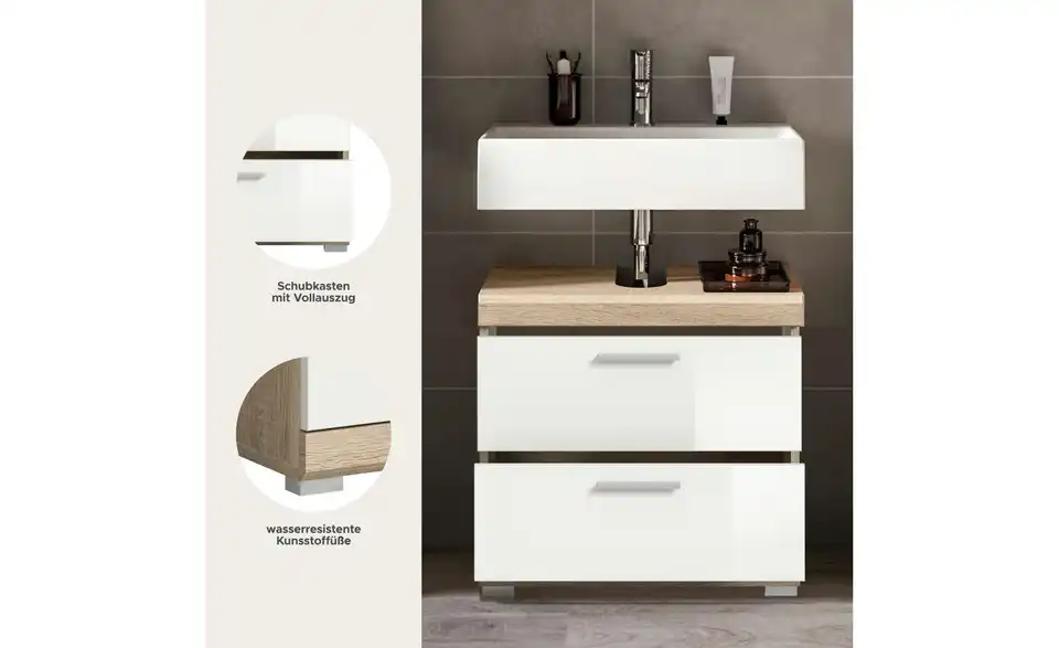 Waschbeckenunterschrank SCHLOONSEE, Breite 60cm, 2 Schubkästen, mit Siphonausschnitt, MDF-Front, in verschiedenen Farben erhältlich, Badmöbel, Badschrank, Kommode, Bad Schloonsee BHL 60|56|34 cm