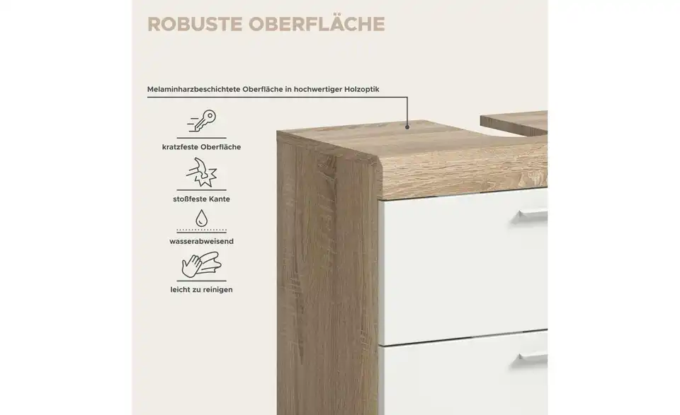 Waschbeckenunterschrank SCHLOONSEE, Breite 60cm, 2 Schubkästen, mit Siphonausschnitt, MDF-Front, in verschiedenen Farben erhältlich, Badmöbel, Badschrank, Kommode, Bad Schloonsee BHL 60|56|34 cm