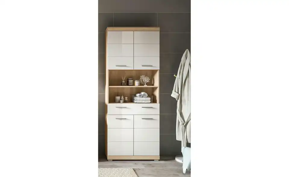 Hochschrank SCHLOONSEE, Breite 74cm, 4 Türen, 1 Schubkasten, 2 offene Fächer, MDF-Front, in verschiedenen Farben erhältlich, Badmöbel, Badschrank, Schrank, Bad Schloonsee BHL 74|191|31 cm