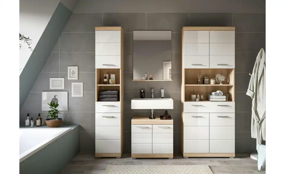 Hochschrank SCHLOONSEE, Breite 74cm, 4 Türen, 1 Schubkasten, 2 offene Fächer, MDF-Front, in verschiedenen Farben erhältlich, Badmöbel, Badschrank, Schrank, Bad Schloonsee BHL 74|191|31 cm