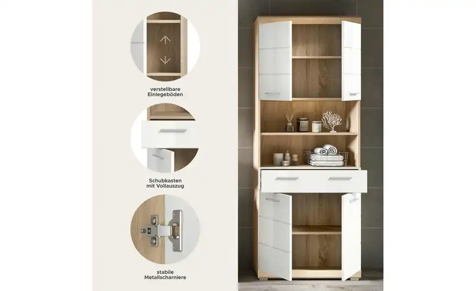 Hochschrank SCHLOONSEE, Breite 74cm, 4 Türen, 1 Schubkasten, 2 offene Fächer, MDF-Front, in verschiedenen Farben erhältlich, Badmöbel, Badschrank, Schrank, Bad Schloonsee BHL 74|191|31 cm