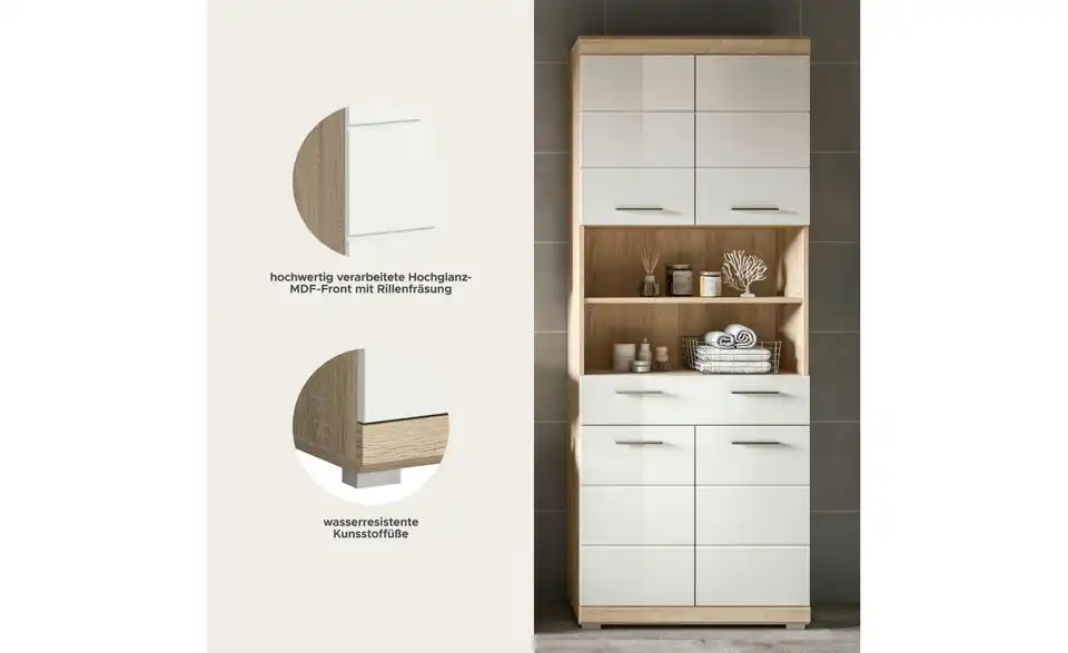 Hochschrank SCHLOONSEE, Breite 74cm, 4 Türen, 1 Schubkasten, 2 offene Fächer, MDF-Front, in verschiedenen Farben erhältlich, Badmöbel, Badschrank, Schrank, Bad Schloonsee BHL 74|191|31 cm