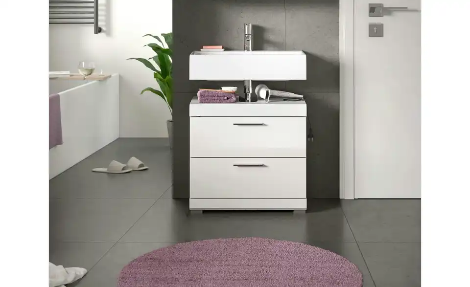 Waschbeckenunterschrank SCHLOONSEE, Breite 60cm, 2 Schubkästen, mit Siphonausschnitt, MDF-Front, in verschiedenen Farben erhältlich, Badmöbel, Badschrank, Kommode, Bad Schloonsee BHL 60|56|34 cm