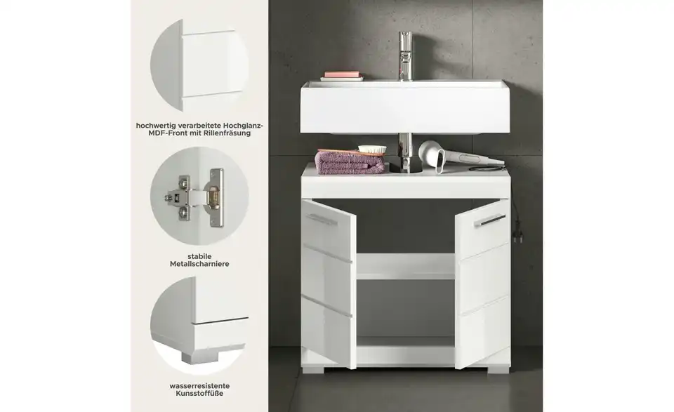 Waschbeckenunterschrank SCHLOONSEE, Breite 60cm, 2 Tür, 2 Fächer, mit Siphonausschnitt, MDF-Front in verschiedenen Farben erhältlich, Badmöbel, Badschrank, Kommode, Bad Schloonsee BHL 60|56|34 cm