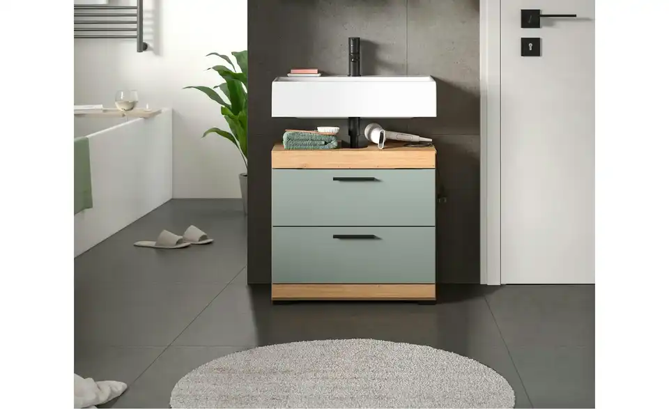 Waschbeckenunterschrank SCHLOONSEE, Breite 60cm, 2 Schubkästen, mit Siphonausschnitt, MDF-Front, in verschiedenen Farben erhältlich, Badmöbel, Badschrank, Kommode, Bad Schloonsee BHL 60|56|34 cm