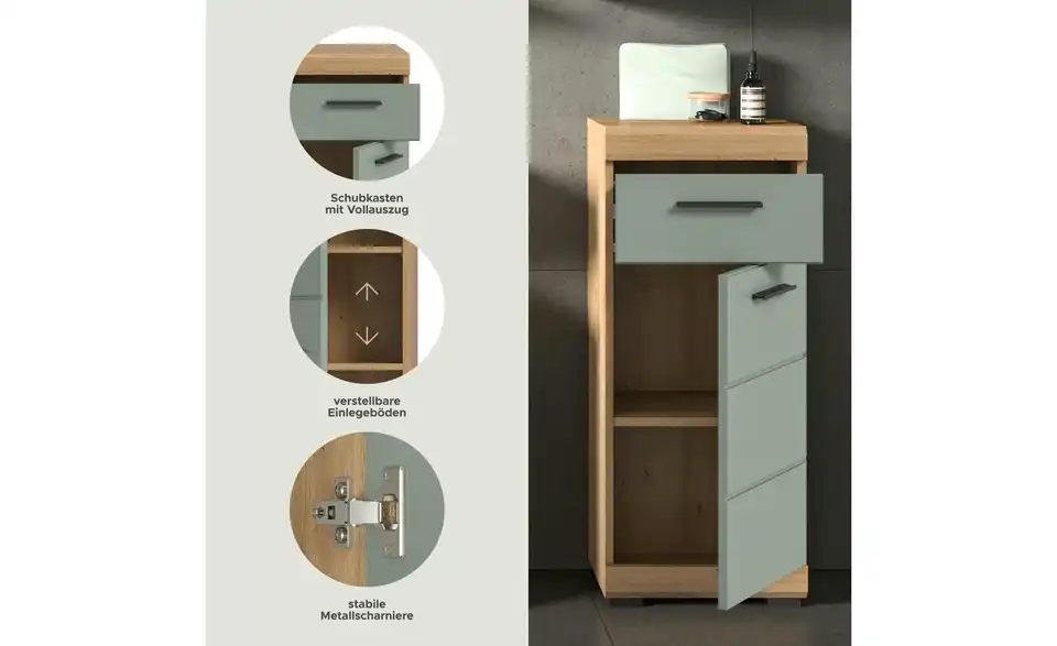 Unterschrank SCHLOONSEE, Breite 37cm, 1 Tür, 1 Schubkasten, 2 Fächer, MDF-Front in verschiedenen Farben erhältlich, Badmöbel, Badschrank, Kommode, Bad Schloonsee BHL 37|88|31 cm