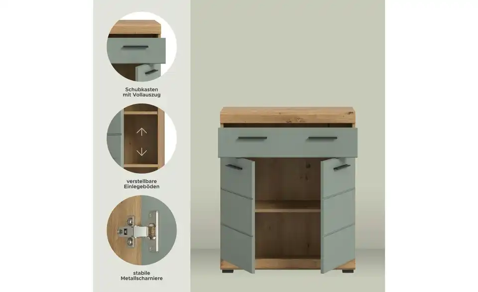 Unterschrank SCHLOONSEE, Breite 74cm, 2 Tür, 1 Schubkasten, 2 Fächer, MDF-Front in verschiedenen Farben erhältlich, Badmöbel, Badschrank, Kommode, Bad Schloonsee BHL 74|88|31 cm