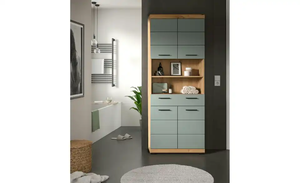 Hochschrank SCHLOONSEE, Breite 74cm, 4 Türen, 1 Schubkasten, 2 offene Fächer, MDF-Front, in verschiedenen Farben erhältlich, Badmöbel, Badschrank, Schrank, Bad Schloonsee BHL 74|191|31 cm