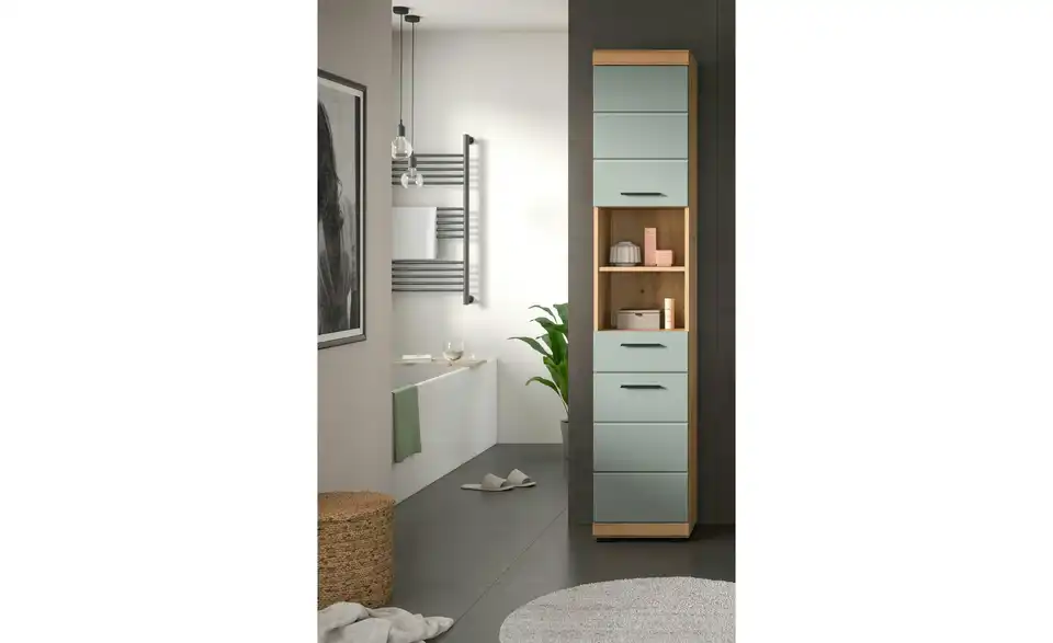 Hochschrank SCHLOONSEE, Breite 37cm, 2 Tür, 1 Schubkasten, 2 offene Fächer, MDF-Front, in verschiedenen Farben erhältlich, Badmöbel, Badschrank, Schrank, Bad Schloonsee BHL 37|191|31 cm