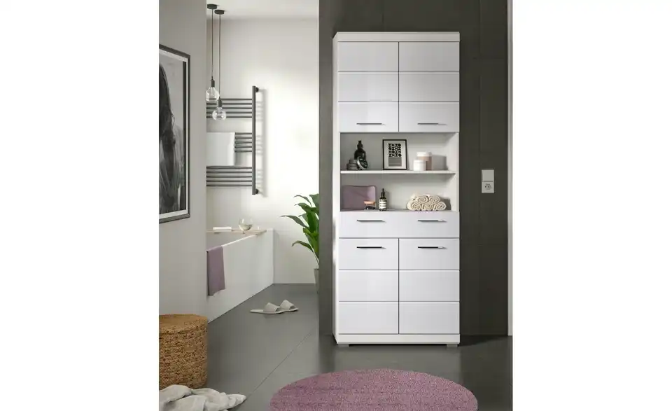 Hochschrank SCHLOONSEE, Breite 74cm, 4 Türen, 1 Schubkasten, 2 offene Fächer, MDF-Front, in verschiedenen Farben erhältlich, Badmöbel, Badschrank, Schrank, Bad Schloonsee BHL 74|191|31 cm