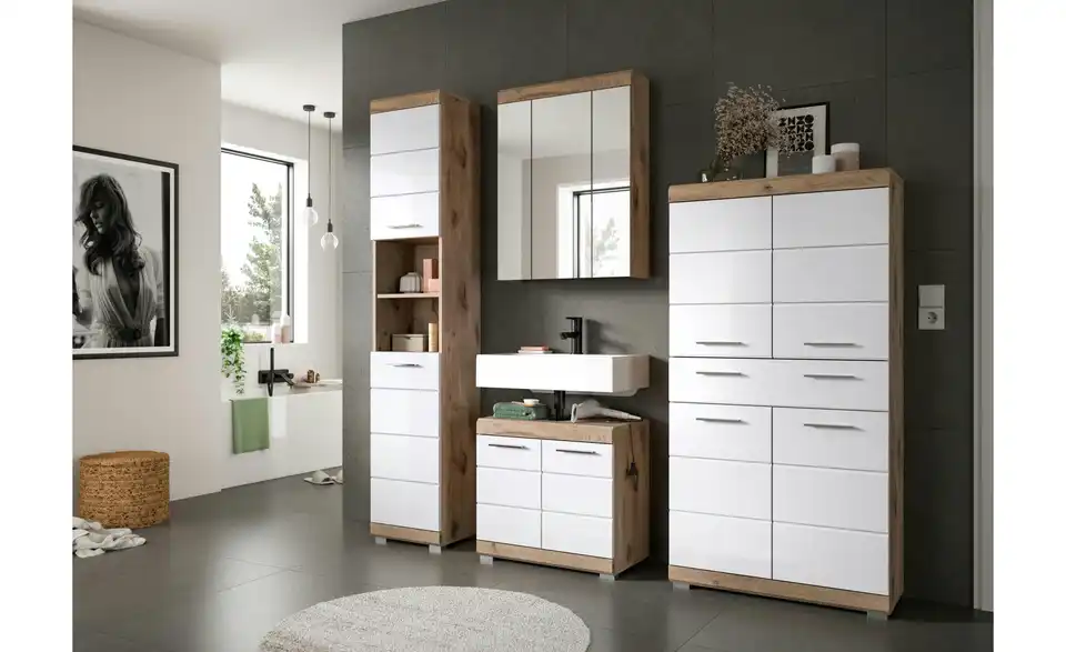 Midischrank WALDSEE, Breite 74cm, 4 Türen, 1 Schubkasten, 4 Fächer, MDF-Front, in verschiedenen Farben erhältlich, Badmöbel, Badschrank, Schrank, Bad Waldsee BHL 74|141|31 cm