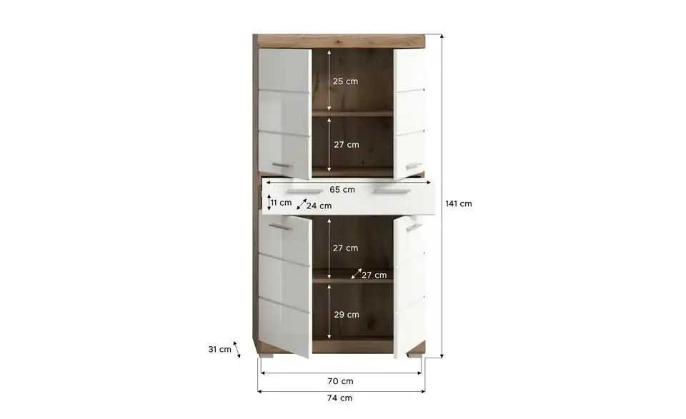 Midischrank WALDSEE, Breite 74cm, 4 Türen, 1 Schubkasten, 4 Fächer, MDF-Front, in verschiedenen Farben erhältlich, Badmöbel, Badschrank, Schrank, Bad Waldsee BHL 74|141|31 cm