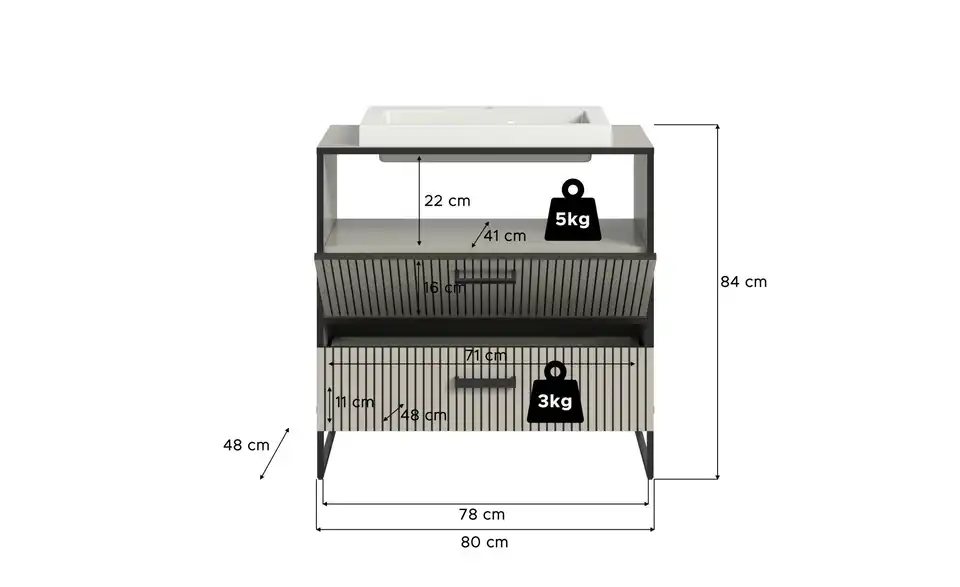 Waschtisch inkl. Waschbecken BHL 80|84|48 cm