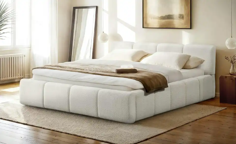 Polsterbett in cremefarbenem Bouclé Palma BHL 170|80|230 cm