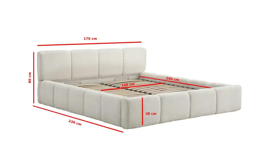 Polsterbett in cremefarbenem Bouclé Palma BHL 170|80|230 cm