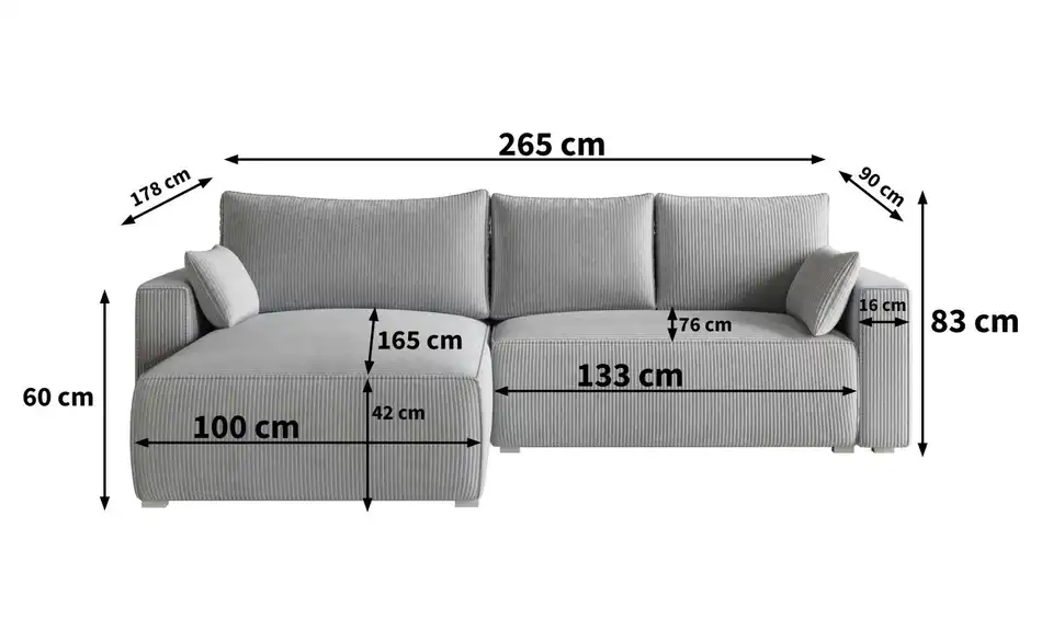 MASSENO Ecksofa mit Schlaffunktion Foril BHL 265|83|178 cm, Cordstoff