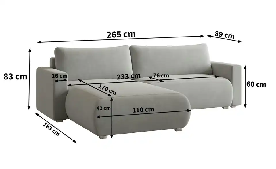 MASSENO Ecksofa mit Schlaffunktion Turin BHL 265|83|183 cm, Velours