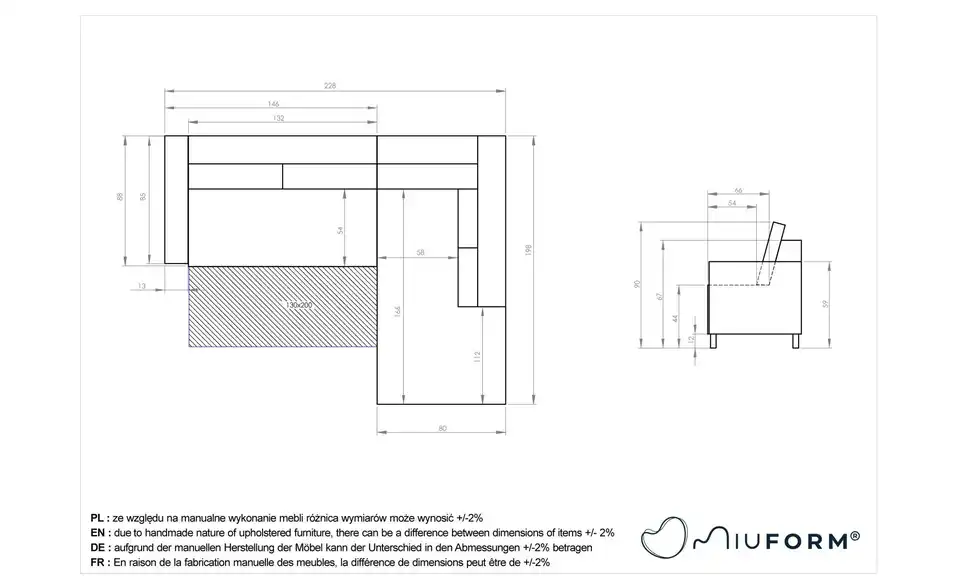 Miuform Ecksofa mit Schlaffunktion Stylish Stan BHL 228|90|198 cm, Velours